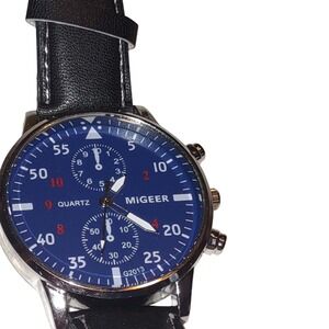 Migeer G2013 Mens Quartz Watch NEW Blue Dial Black Leather Band Silver Case